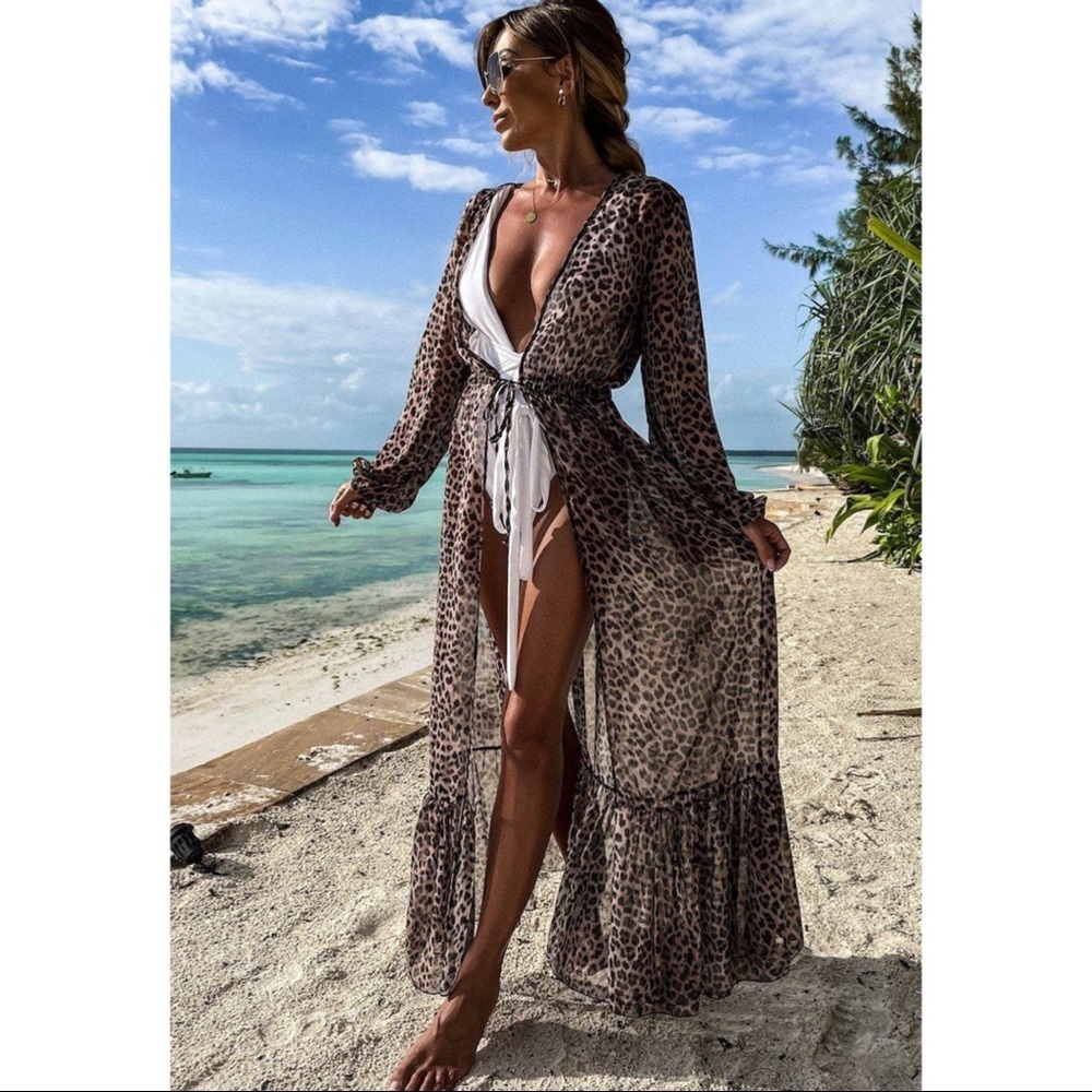 Leopard Print Tie Waist Open Front Kimono Beach Cover Up